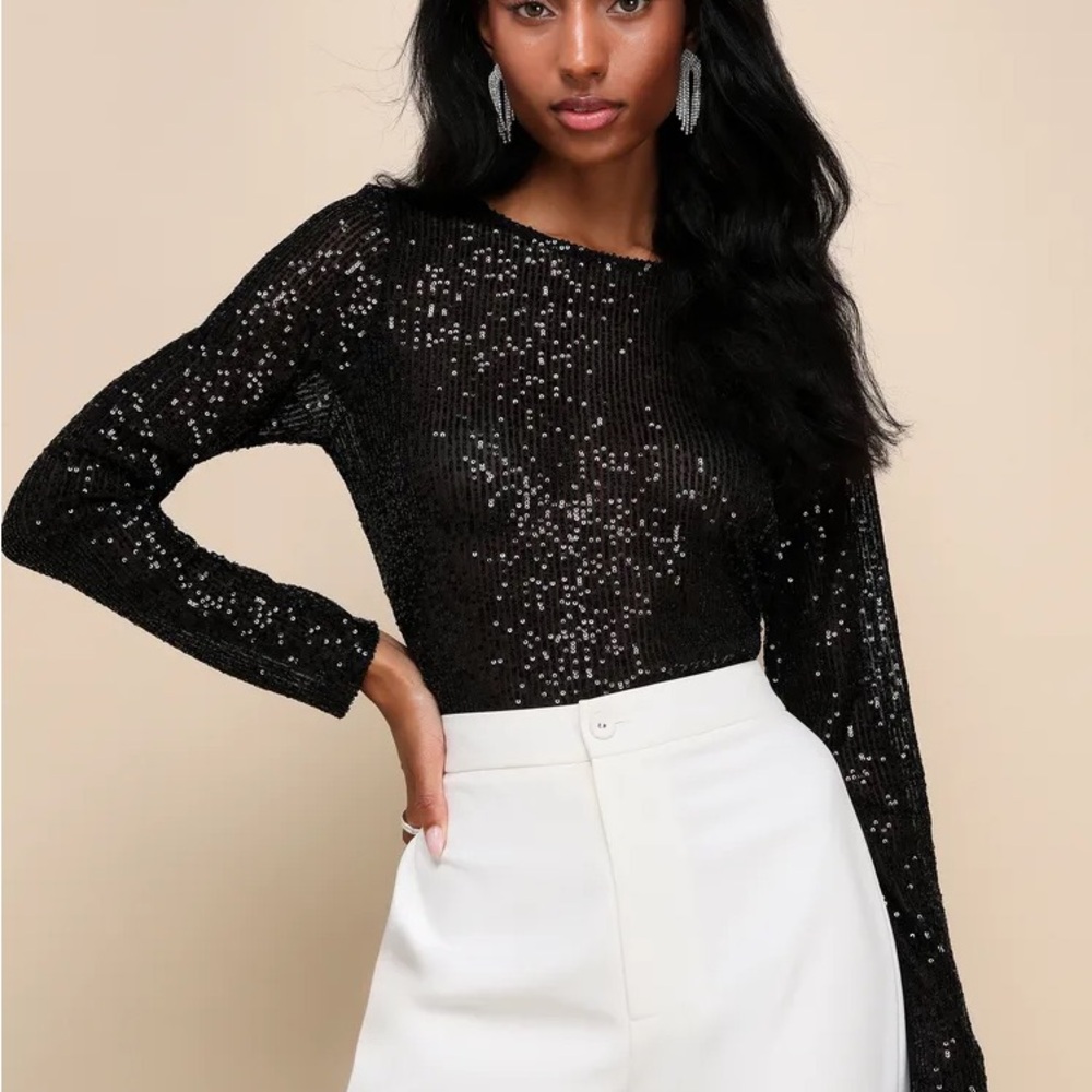 Black Sequin Long Sleeve Crop Top